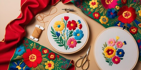 A close-up view of intricate classic embroidery, showcasing the detailed stitch work and vibrant colors of textile arts- wallpaper