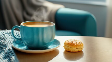 A cup of coffee and a biscuit on the table, AI