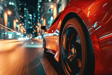 Wall Mural - Close up of a red sports car driving down a city street at night with motion blur