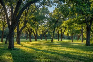 Poster - A peaceful scene of a grassy field with trees in the background, perfect for use as a nature-inspired backdrop or setting