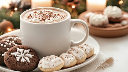 Sticker - A plate of a cup with hot chocolate and cookies on it, AI