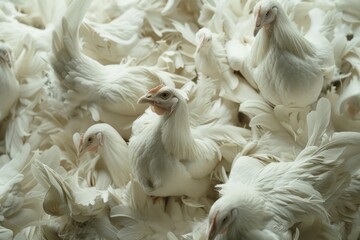 Poster - A group of white chickens standing together in a heap, often used for farm or animal related contexts
