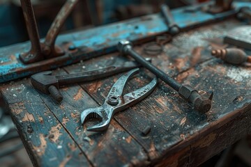 Poster - Close-up view of various tools on a wooden table