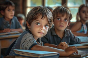 Canvas Print - Group of kids learning and studying together in a classroom setting