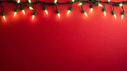 A red background with green and white Christmas lights hanging across creating a festive holiday atmosphere