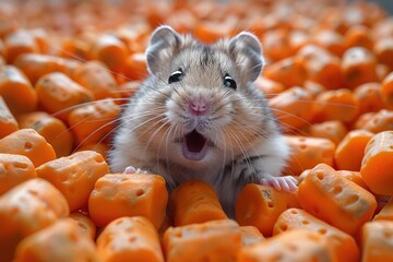 Wall Mural - A Surprised Hamster Among Carrots