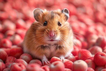 Wall Mural - Cute Hamster In a Red Sea of Food