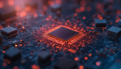 Poster - computer chip on a circuit board with a blurred background, showcasing its detailed components. The glowing chip is like a beacon of innovation driving technological advancements