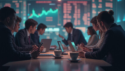 Poster - Business meeting with professionals analyzing stock market data on screens, embodying the essence of navigating the corporate labyrinth.