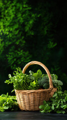 Wall Mural - A basket full of vegetables including broccoli, spinach, and cilantro