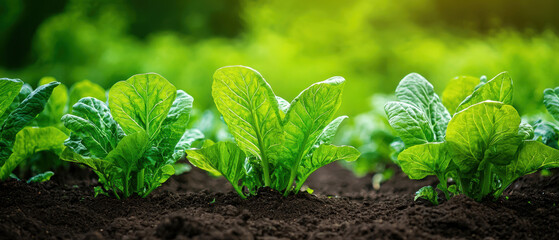 Canvas Print - A row of green plants are growing in the dirt