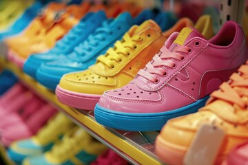 Aufkleber - Row of colorful shoes displayed in a store, great for fashion or retail concepts