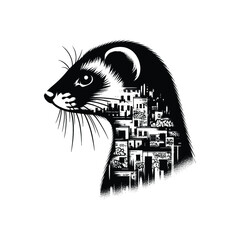 silhouette of Weasel, filled with graffiti street wall in rough drawing,