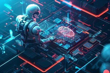 Poster - A robotic figure engages with a glowing brain design on a high-tech circuit board. Generative AI