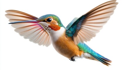 Wall Mural - A colorful hummingbird with wings spread wide in the air, AI