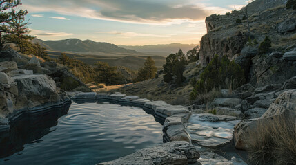 The tranquil mountain peak of the cliff edge hot spring in the twilight mountainous area, where the steam white of dusk blends with the rock ash on the mountain, creates a natural paradise for relaxat