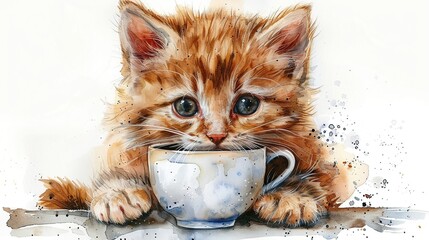 Wall Mural - Ginger Kitten with a Cup of Tea