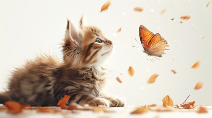 Canvas Print - Curious Kitten Watching a Butterfly