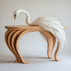 Poster - A white swan sitting on a wooden table with curved legs, AI