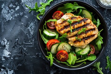 Poster - A black bowl filled with a mixture of cooked meat and vegetables, ready for serving