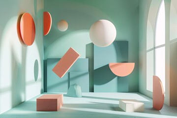 Poster - Floating geometric shapes create an artistic ambiance in a softly lit, minimalist room. Generative AI