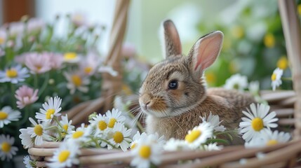 Wall Mural - Adorable Bunny in a Basket of Daisies