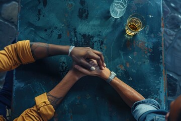 Poster - A group of people forming a human chain over a table, symbolizing unity and cooperation