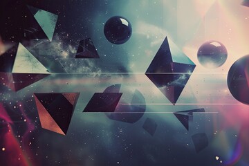 Poster - Geometric shapes drift through vibrant colors against a cosmic backdrop, creating a dreamlike atmosphere. Generative AI