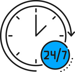 Poster - 24 7 support color line icon of logistics, delivery, shipping and cargo carriage service. Vector outline clock dial with open hours, 24 7 customer assistance work time symbol of watch with round arrow