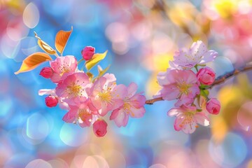 Wall Mural - Close-up shot of a pink flower blooming on a tree branch, perfect for gardening or nature-themed designs