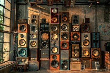 Poster - A room filled with various types of speakers