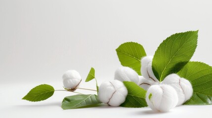 Poster - A serene arrangement of cotton bolls nestled among vibrant green leaves. This natural composition creates a calming aesthetic, perfect for textiles and nature-themed projects. AI