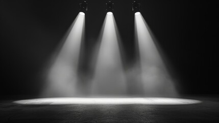 Aufkleber - Three bright lights shine down on an empty stage. The atmosphere is dramatic and inviting, perfect for performances or presentations. This image captures a moment of anticipation. AI