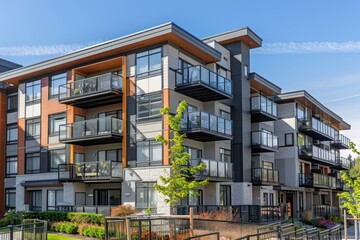 Poster - Large city apartment building with multiple balconies, suitable for use in urban architecture or cityscape images