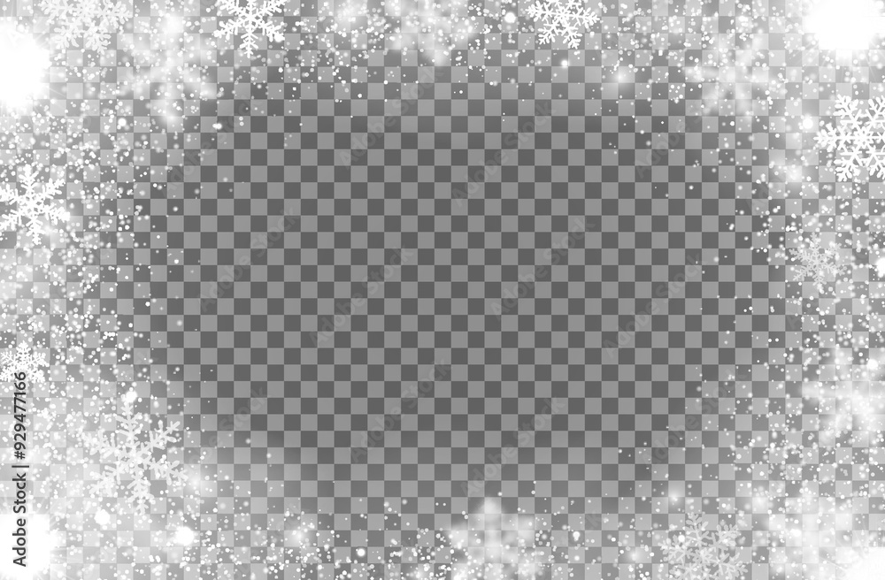 Snowfall Transparent Frame Realistic snowflakes for Christmas snow frame with snowfall on ...