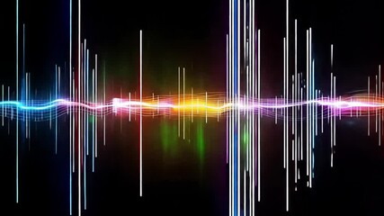Aufkleber - A vibrant sound wave graphic shows colorful lines pulsing across a dark background, representing audio frequencies and musicality.