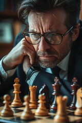 Poster - A person sitting at a table with a board and pieces, engaged in a game of strategy