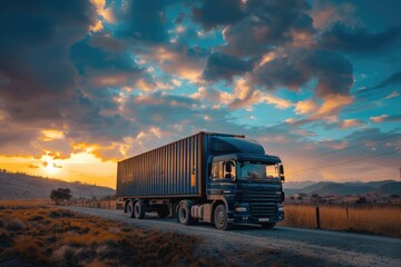 Poster - A semi truck drives down a dirt road during sunset