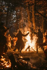 Poster - Group of people seated around open flame, enjoying outdoor gathering