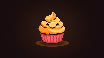 Wall Mural - A cute, cartoon-style cupcake with a smiling face and swirled frosting on a dark background.