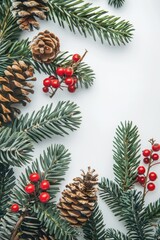 Aufkleber - A still life of pine cones and red berries on a white background, perfect for holiday or winter-themed designs