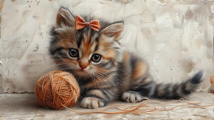 Wall Mural - Adorable Kitten with Yarn Ball