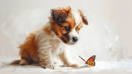 Canvas Print - A Curious Puppy and a Butterfly