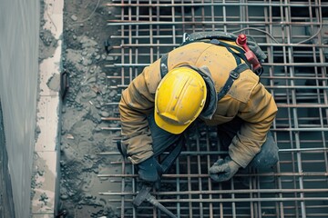 Poster - A person in a yellow hard hat is repairing or inspecting a metal grate