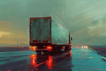 Poster - A semi truck driving on a wet road, great for transportation and weather-related themes