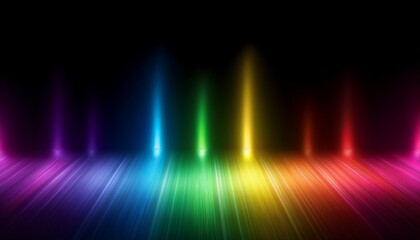 Wall Mural - glowing spectrum rainbow light gradient with reflective floor on black dark background