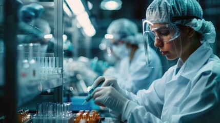 Poster - Woman in lab coat and goggles conducting experiments in a laboratory setting