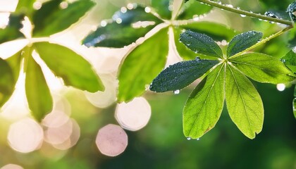 Wall Mural - close up of ginseng leaves with water droplets bokeh background