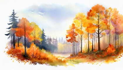 Wall Mural - enchanting watercolor illustration of autumnal forestscape