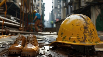 Poster - A hard hat and a pair of shoes lying on the ground, possibly after an accident or construction site incident